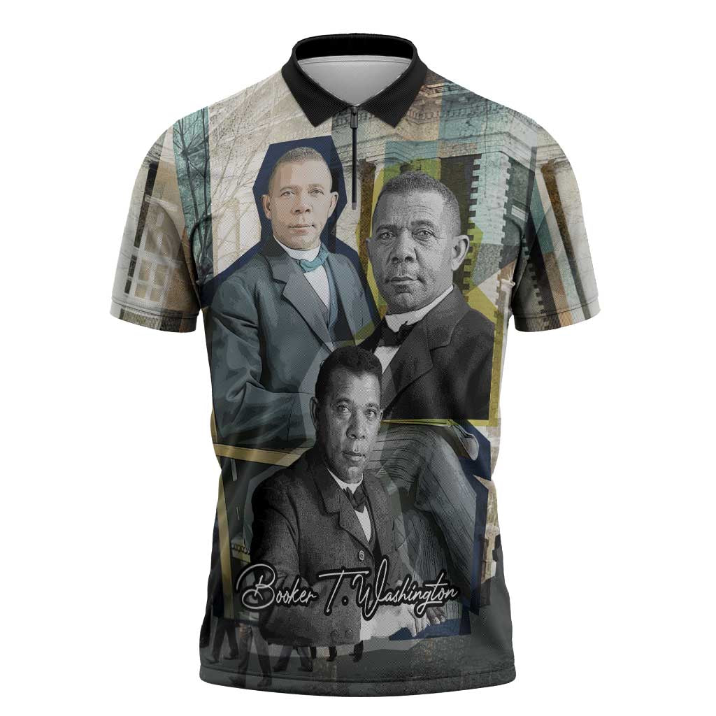 Booker T. Washington Zipper Polo Shirt Historic Portrait Collage Civil Rights Legacy Educational Pioneer Design - Wonder Print Shop