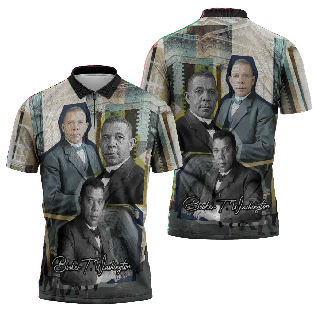 Booker T. Washington Zipper Polo Shirt Historic Portrait Collage Civil Rights Legacy Educational Pioneer Design - Wonder Print Shop