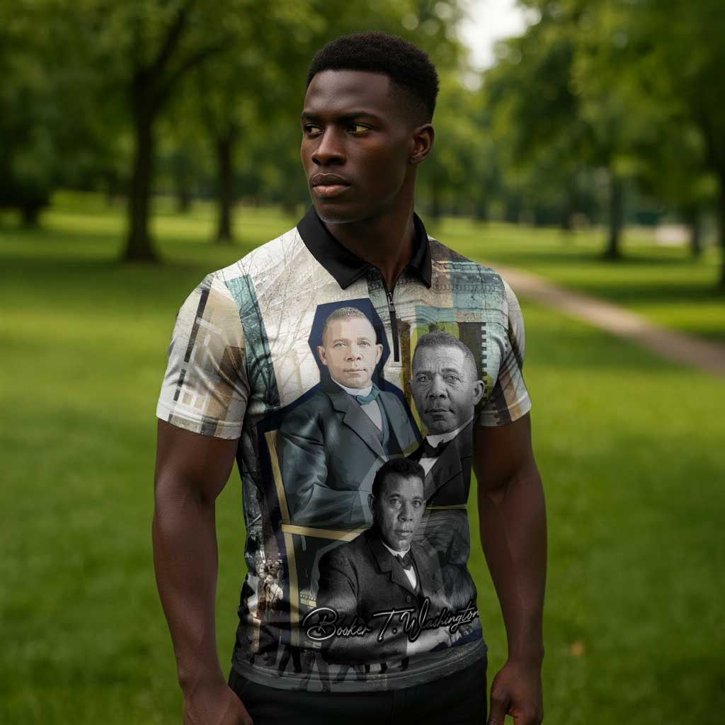 Booker T. Washington Zipper Polo Shirt Historic Portrait Collage Civil Rights Legacy Educational Pioneer Design - Wonder Print Shop