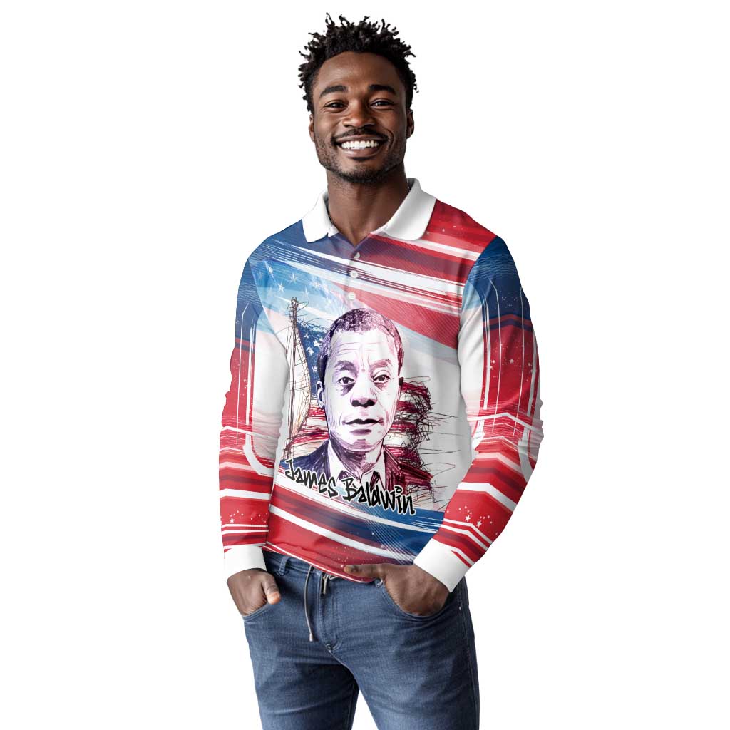 James Baldwin Long Sleeve Polo Shirt Artistic Portrait Quote on Love and Awareness Civil Rights Tribute - Wonder Print Shop