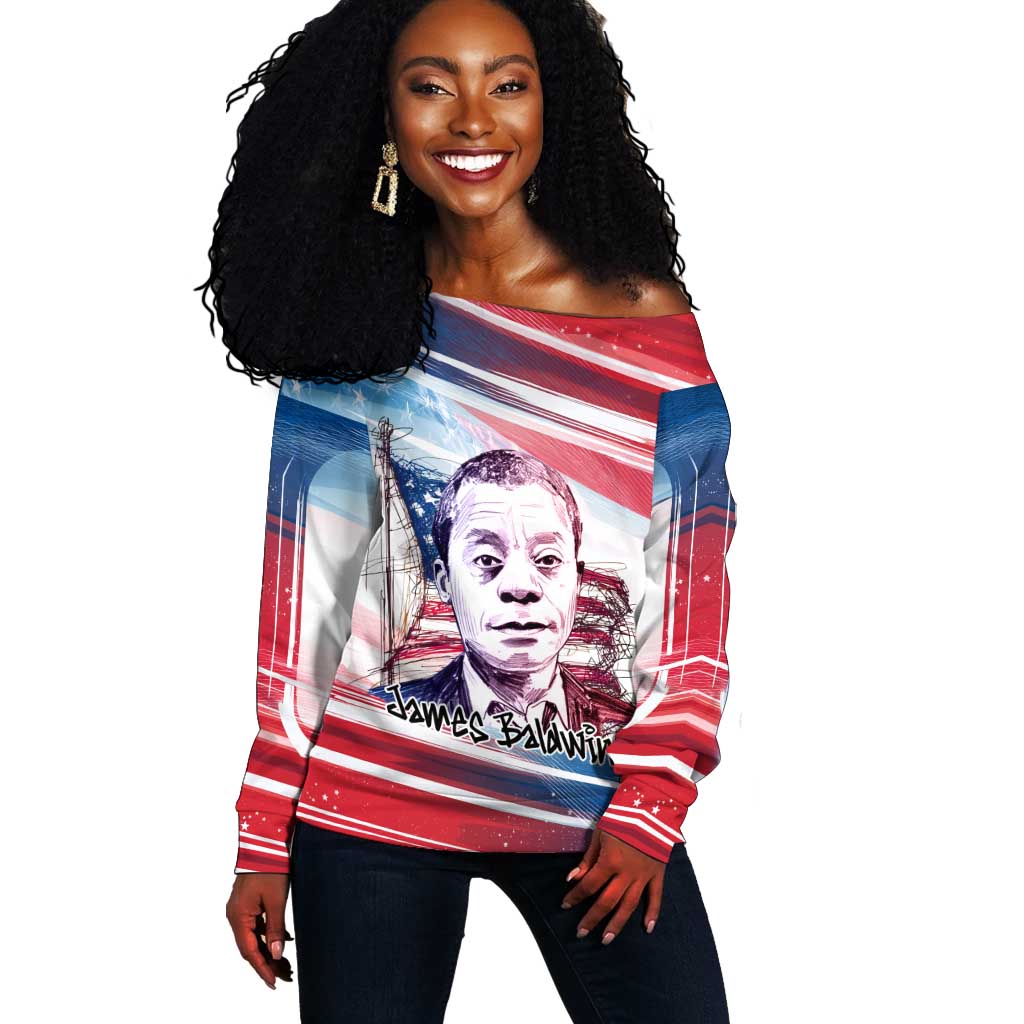 James Baldwin Off Shoulder Sweater Artistic Portrait Quote on Love and Awareness Civil Rights Tribute - Wonder Print Shop