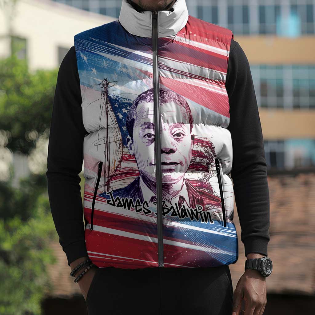 James Baldwin Sleeveless Puffer Jacket Artistic Portrait Quote on Love and Awareness Civil Rights Tribute - Wonder Print Shop