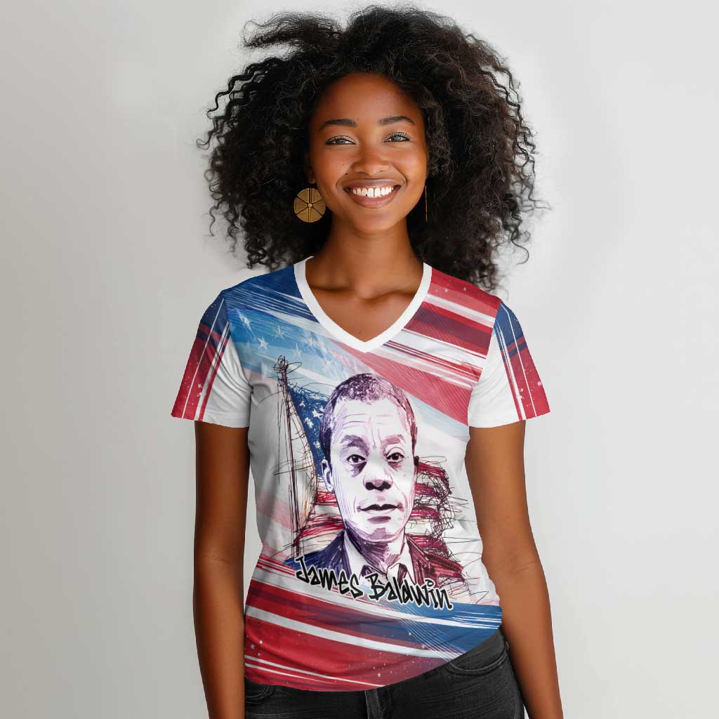 James Baldwin Women V-Neck T-Shirt Artistic Portrait Quote on Love and Awareness Civil Rights Tribute TS04