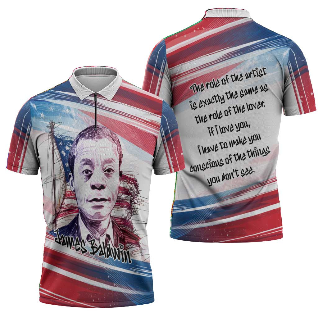 James Baldwin Zipper Polo Shirt Artistic Portrait Quote on Love and Awareness Civil Rights Tribute - Wonder Print Shop