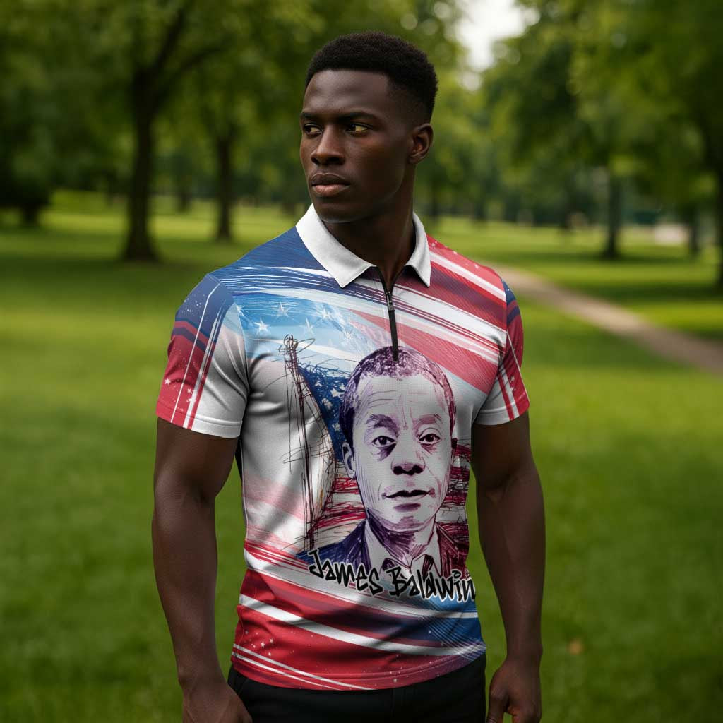 James Baldwin Zipper Polo Shirt Artistic Portrait Quote on Love and Awareness Civil Rights Tribute - Wonder Print Shop