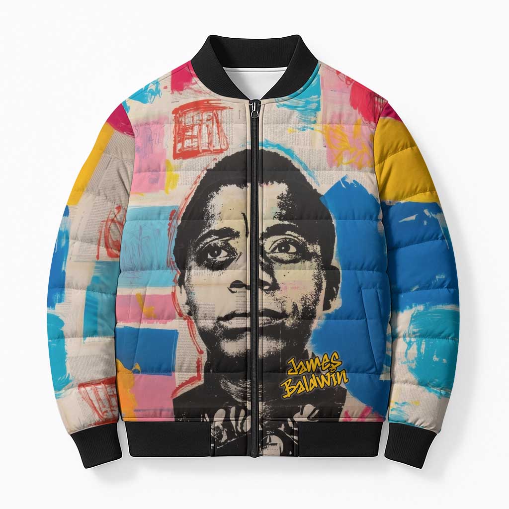 James Baldwin Bomber Puffer Jacket Colorful Graffiti Style Portrait The Fire Next Time Text Bold Civil Rights Tribute - Wonder Print Shop