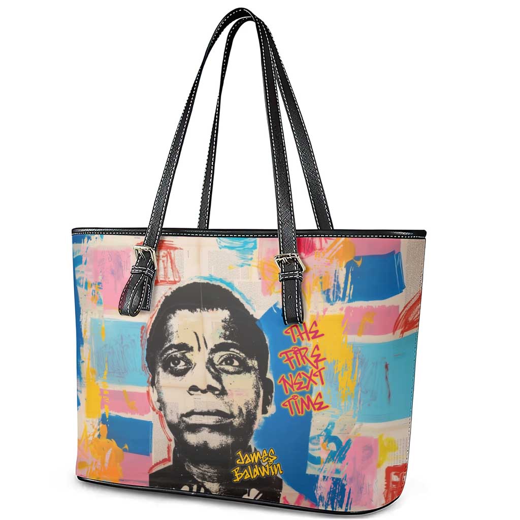 James Baldwin Leather Tote Bag Colorful Graffiti Style Portrait The Fire Next Time Text Bold Civil Rights Tribute - Wonder Print Shop