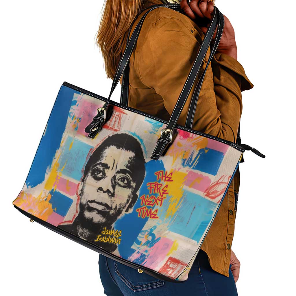 James Baldwin Leather Tote Bag Colorful Graffiti Style Portrait The Fire Next Time Text Bold Civil Rights Tribute - Wonder Print Shop