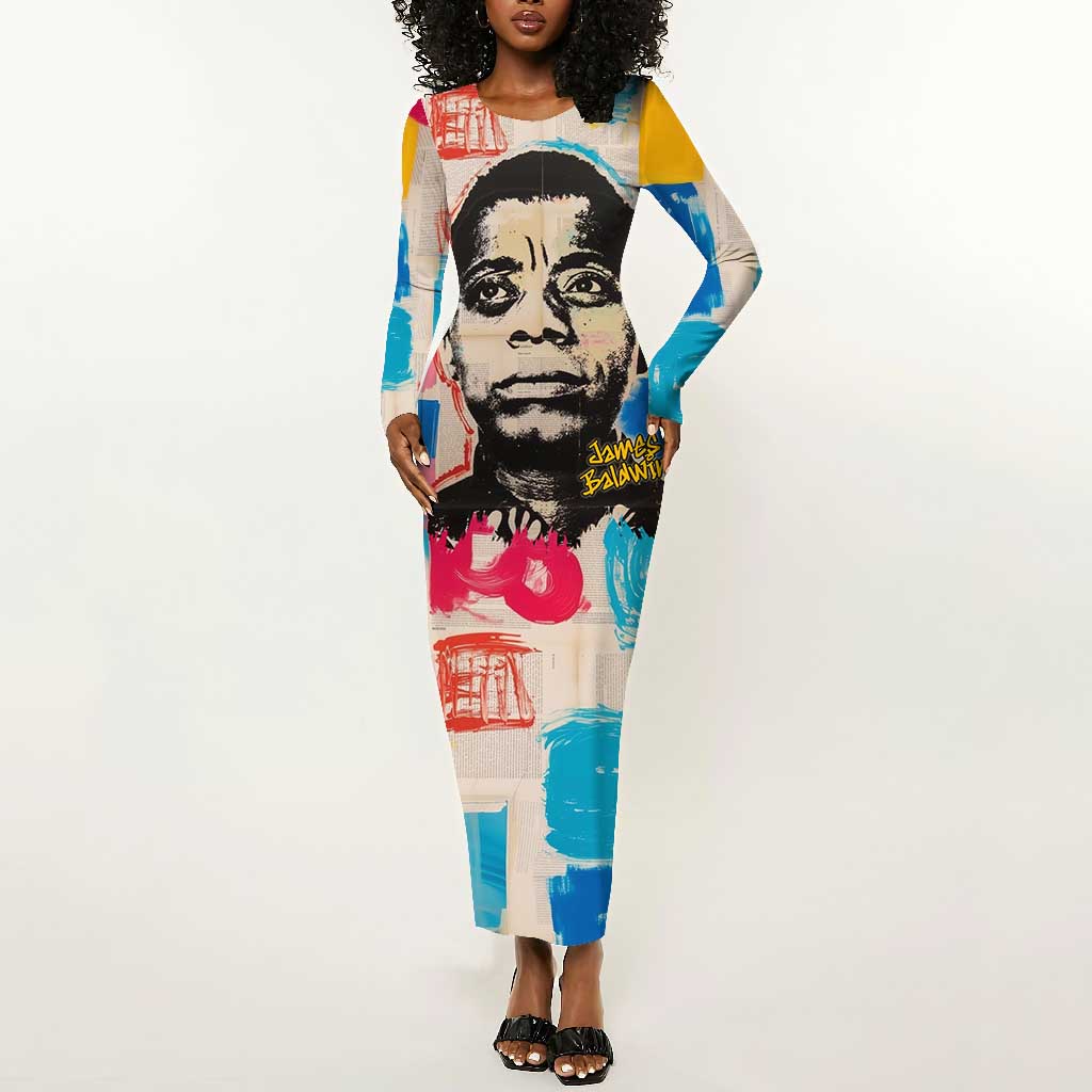 James Baldwin Long Sleeve Bodycon Dress Colorful Graffiti Style Portrait The Fire Next Time Text Bold Civil Rights Tribute - Wonder Print Shop