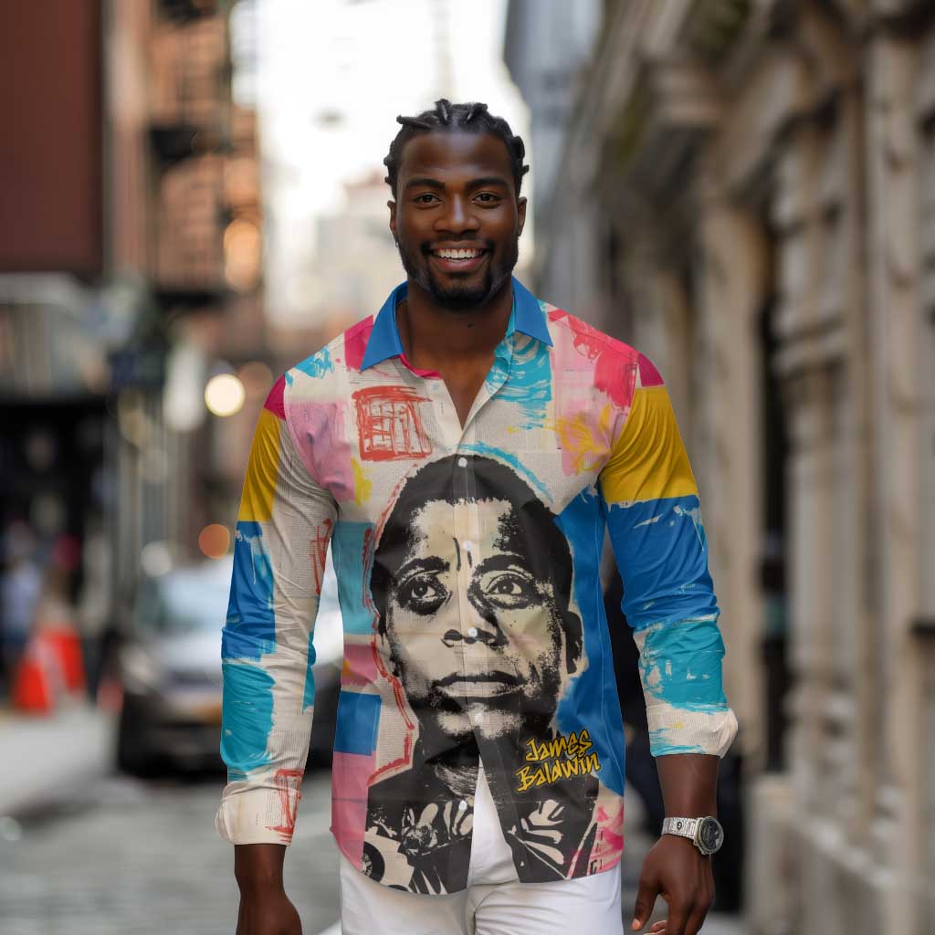 James Baldwin Long Sleeve Button Shirt Colorful Graffiti Style Portrait The Fire Next Time Text Bold Civil Rights Tribute - Wonder Print Shop
