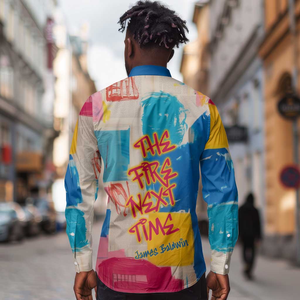 James Baldwin Long Sleeve Button Shirt Colorful Graffiti Style Portrait The Fire Next Time Text Bold Civil Rights Tribute - Wonder Print Shop