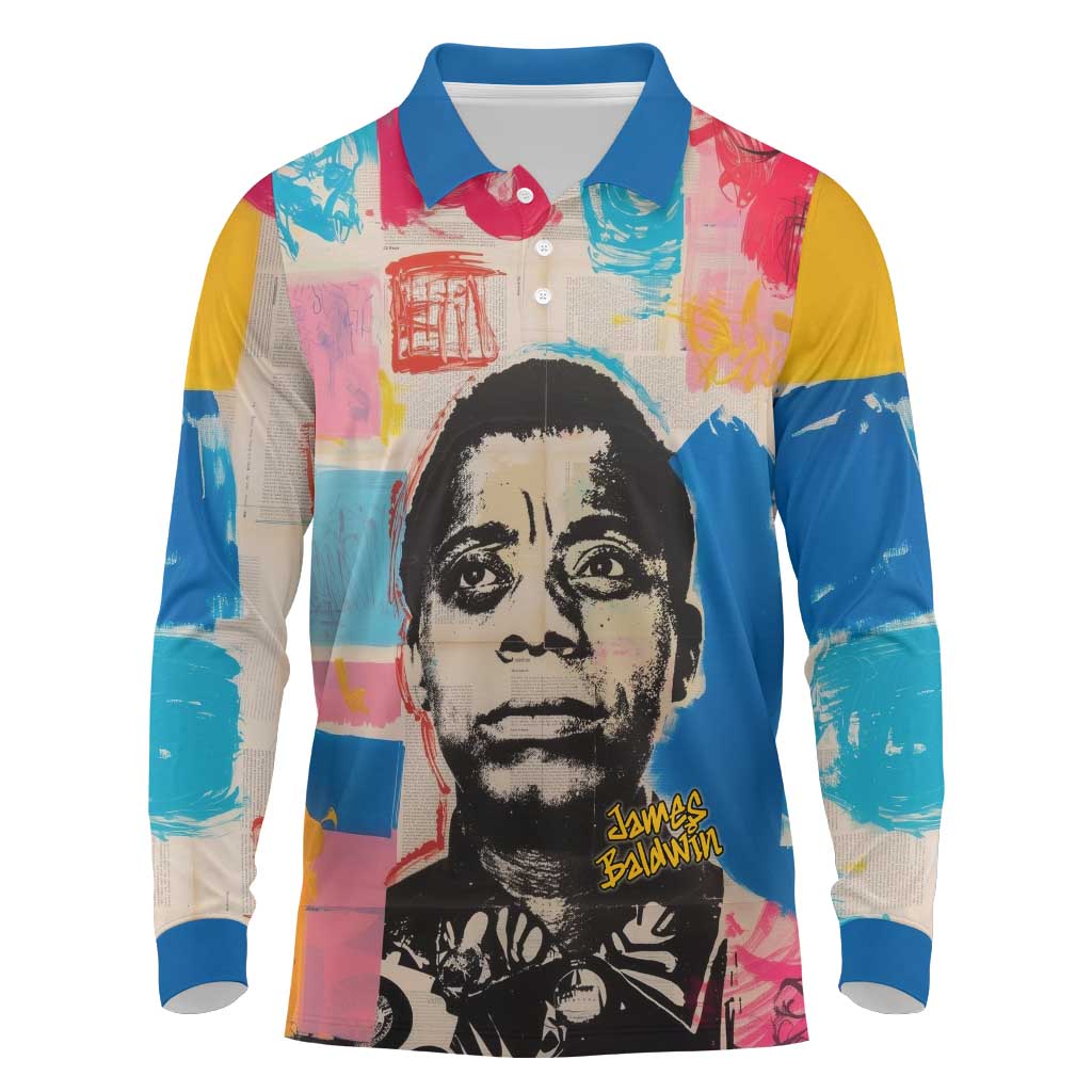 James Baldwin Long Sleeve Polo Shirt Colorful Graffiti Style Portrait The Fire Next Time Text Bold Civil Rights Tribute - Wonder Print Shop