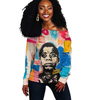 James Baldwin Off Shoulder Sweater Colorful Graffiti Style Portrait The Fire Next Time Text Bold Civil Rights Tribute - Wonder Print Shop
