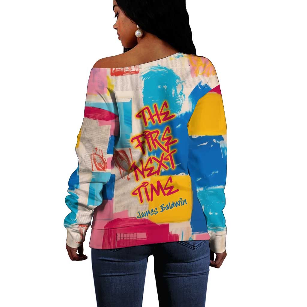 James Baldwin Off Shoulder Sweater Colorful Graffiti Style Portrait The Fire Next Time Text Bold Civil Rights Tribute - Wonder Print Shop