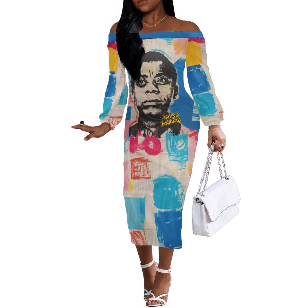 James Baldwin Off The Shoulder Long Sleeve Dress Colorful Graffiti Style Portrait The Fire Next Time Text Bold Civil Rights Tribute - Wonder Print Shop