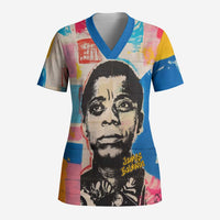 James Baldwin Scrub Top Colorful Graffiti Style Portrait The Fire Next Time Text Bold Civil Rights Tribute - Wonder Print Shop