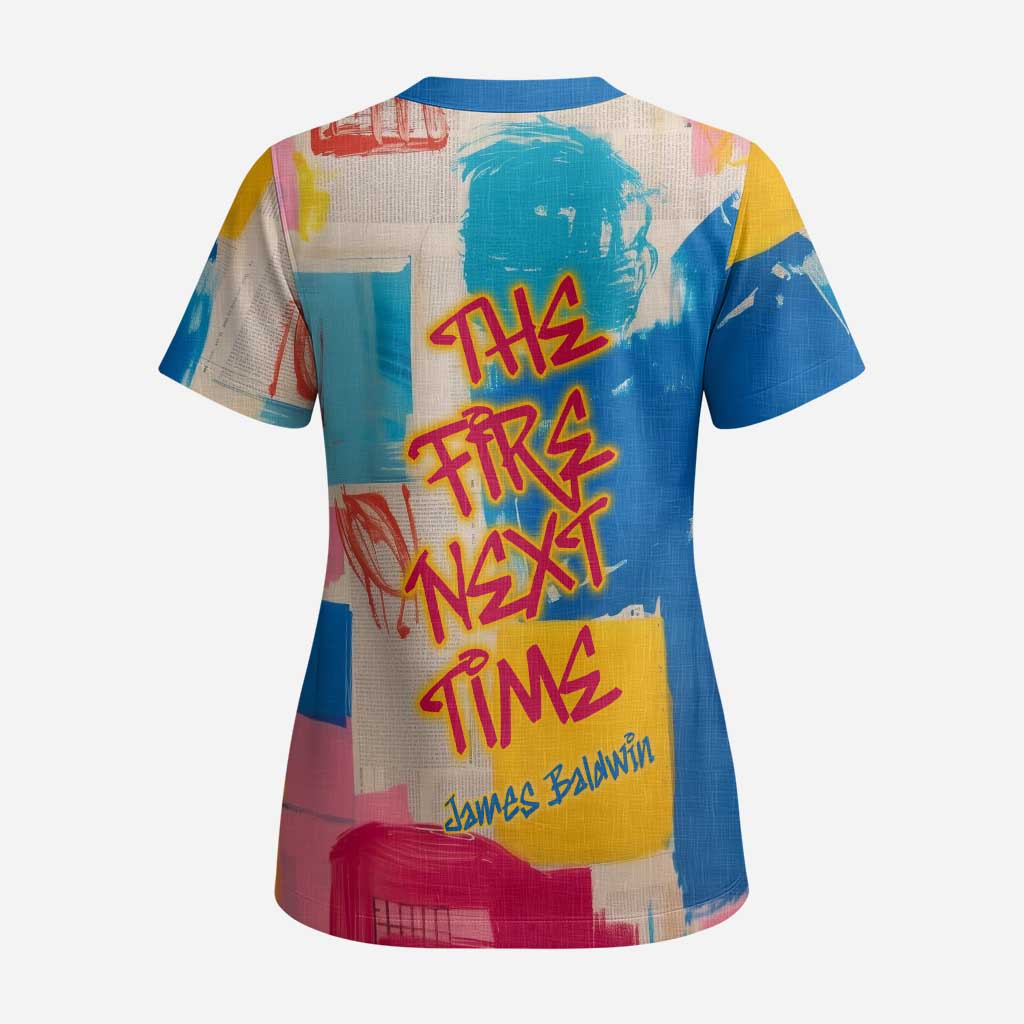 James Baldwin Scrub Top Colorful Graffiti Style Portrait The Fire Next Time Text Bold Civil Rights Tribute - Wonder Print Shop