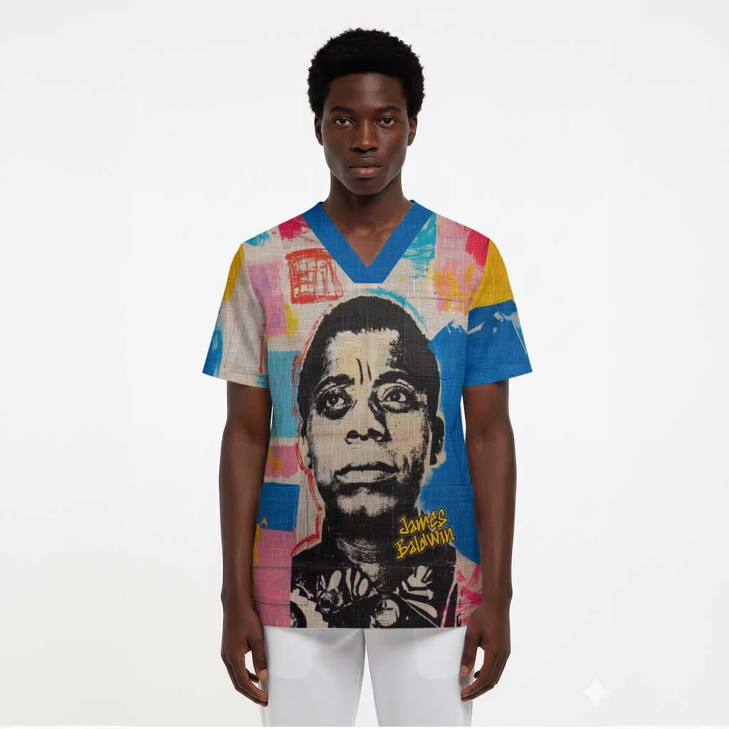 James Baldwin Scrub Top Colorful Graffiti Style Portrait The Fire Next Time Text Bold Civil Rights Tribute - Wonder Print Shop