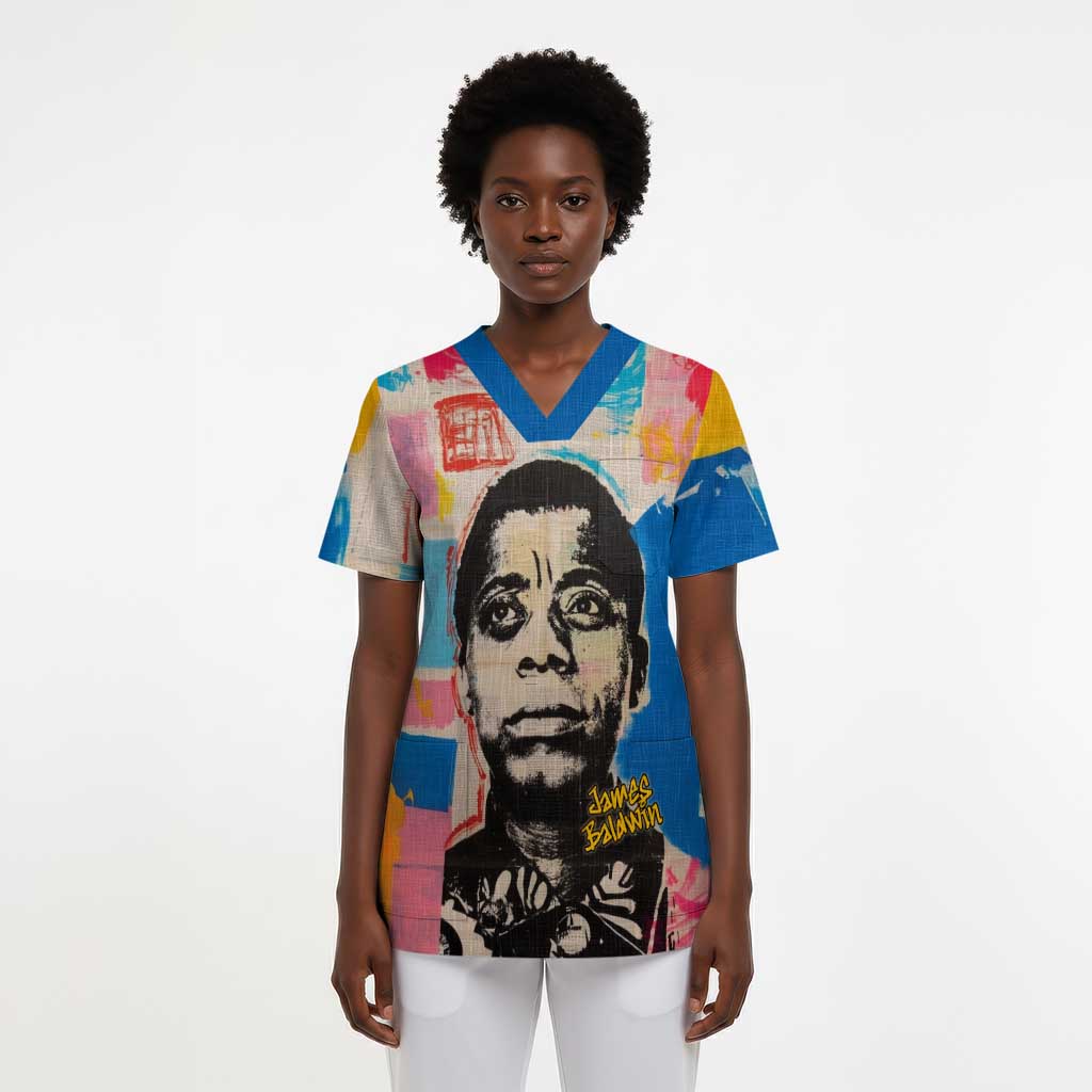 James Baldwin Scrub Top Colorful Graffiti Style Portrait The Fire Next Time Text Bold Civil Rights Tribute - Wonder Print Shop