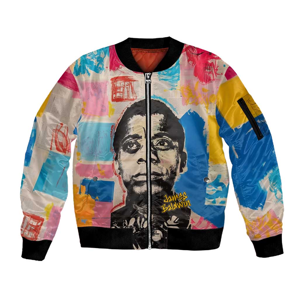James Baldwin Sleeve Zip Bomber Jacket Colorful Graffiti Style Portrait The Fire Next Time Text Bold Civil Rights Tribute - Wonder Print Shop