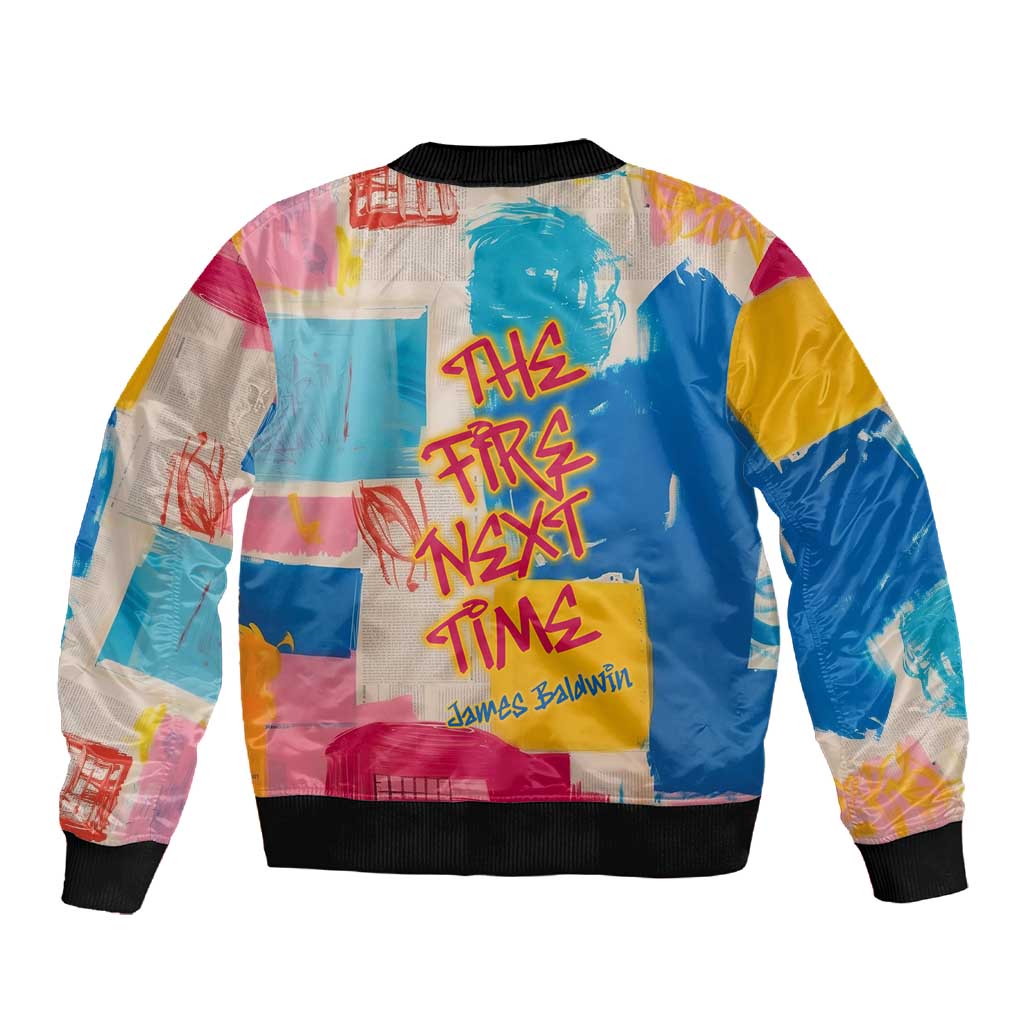 James Baldwin Sleeve Zip Bomber Jacket Colorful Graffiti Style Portrait The Fire Next Time Text Bold Civil Rights Tribute - Wonder Print Shop