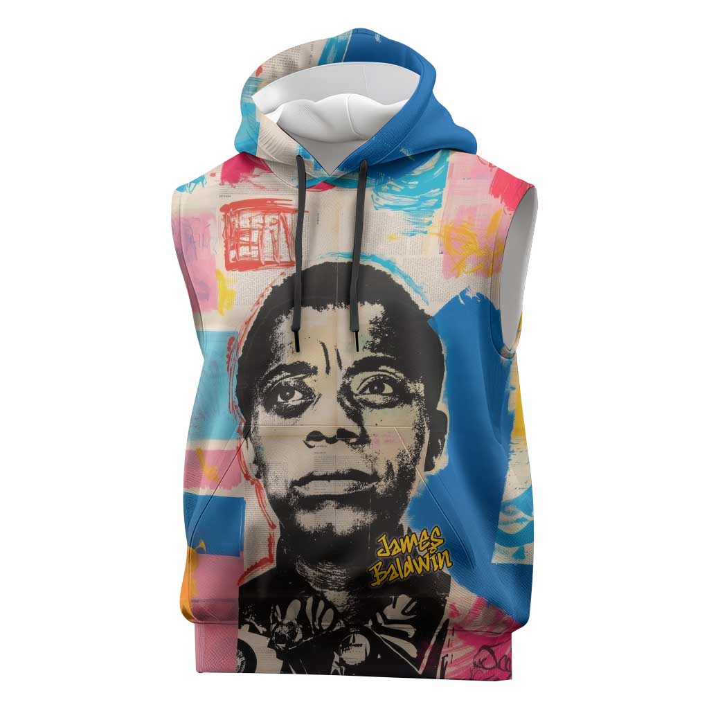 James Baldwin Sleeveless Hoodie Colorful Graffiti Style Portrait The Fire Next Time Text Bold Civil Rights Tribute - Wonder Print Shop
