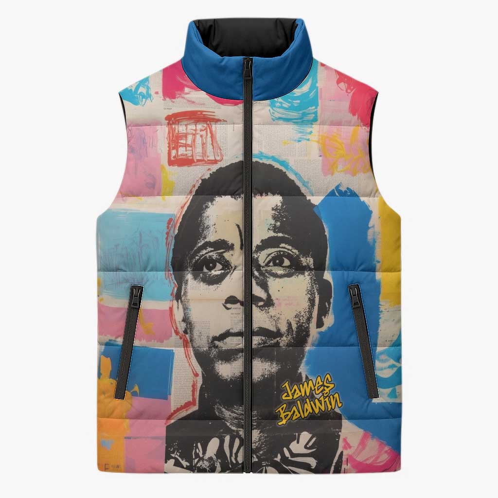 James Baldwin Sleeveless Puffer Jacket Colorful Graffiti Style Portrait The Fire Next Time Text Bold Civil Rights Tribute - Wonder Print Shop