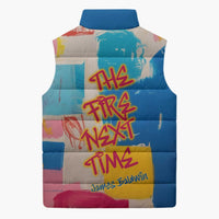 James Baldwin Sleeveless Puffer Jacket Colorful Graffiti Style Portrait The Fire Next Time Text Bold Civil Rights Tribute - Wonder Print Shop