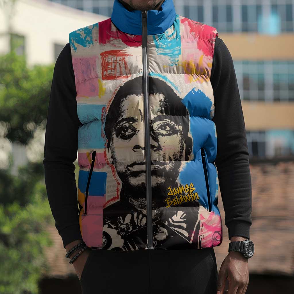 James Baldwin Sleeveless Puffer Jacket Colorful Graffiti Style Portrait The Fire Next Time Text Bold Civil Rights Tribute - Wonder Print Shop