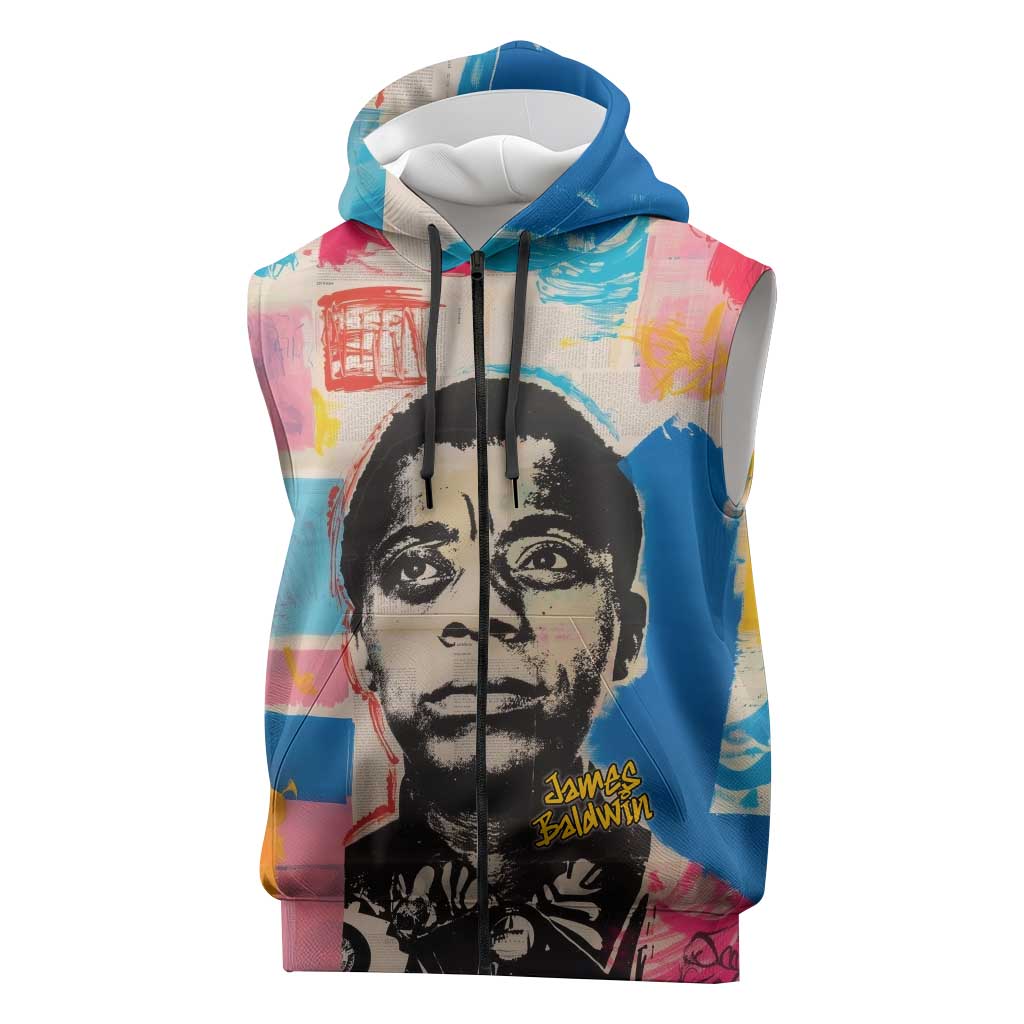 James Baldwin Sleeveless Zip Hoodie Colorful Graffiti Style Portrait The Fire Next Time Text Bold Civil Rights Tribute - Wonder Print Shop