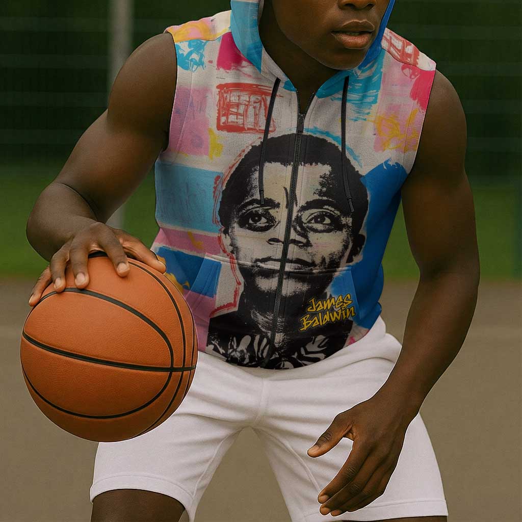 James Baldwin Sleeveless Zip Hoodie Colorful Graffiti Style Portrait The Fire Next Time Text Bold Civil Rights Tribute - Wonder Print Shop