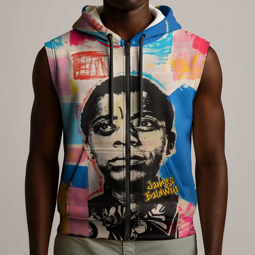 James Baldwin Sleeveless Zip Hoodie Colorful Graffiti Style Portrait The Fire Next Time Text Bold Civil Rights Tribute - Wonder Print Shop