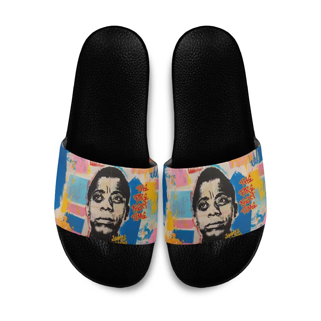 James Baldwin Slide Sandals Colorful Graffiti Style Portrait The Fire Next Time Text Bold Civil Rights Tribute - Wonder Print Shop