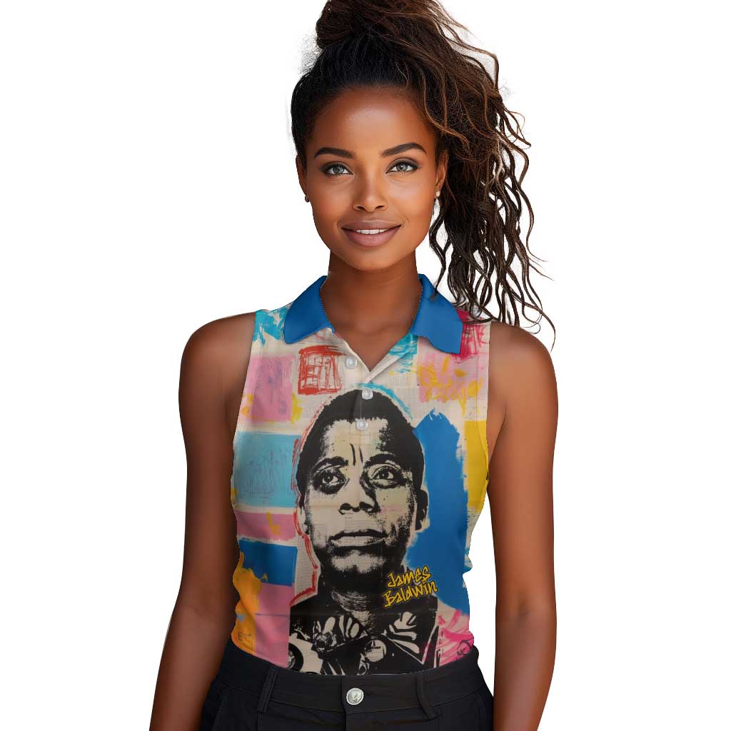James Baldwin Women Sleeveless Polo Shirt Colorful Graffiti Style Portrait The Fire Next Time Text Bold Civil Rights Tribute - Wonder Print Shop