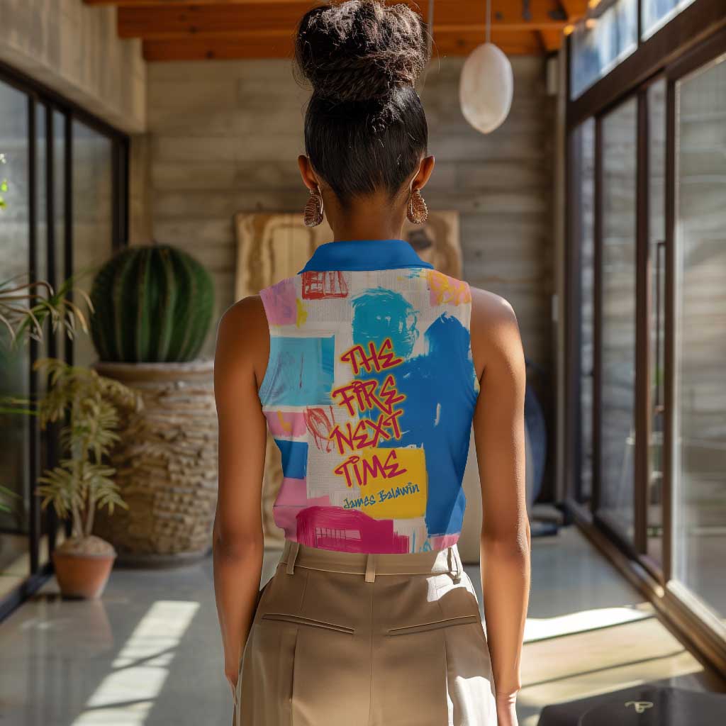 James Baldwin Women Sleeveless Polo Shirt Colorful Graffiti Style Portrait The Fire Next Time Text Bold Civil Rights Tribute - Wonder Print Shop
