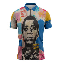James Baldwin Zipper Polo Shirt Colorful Graffiti Style Portrait The Fire Next Time Text Bold Civil Rights Tribute - Wonder Print Shop