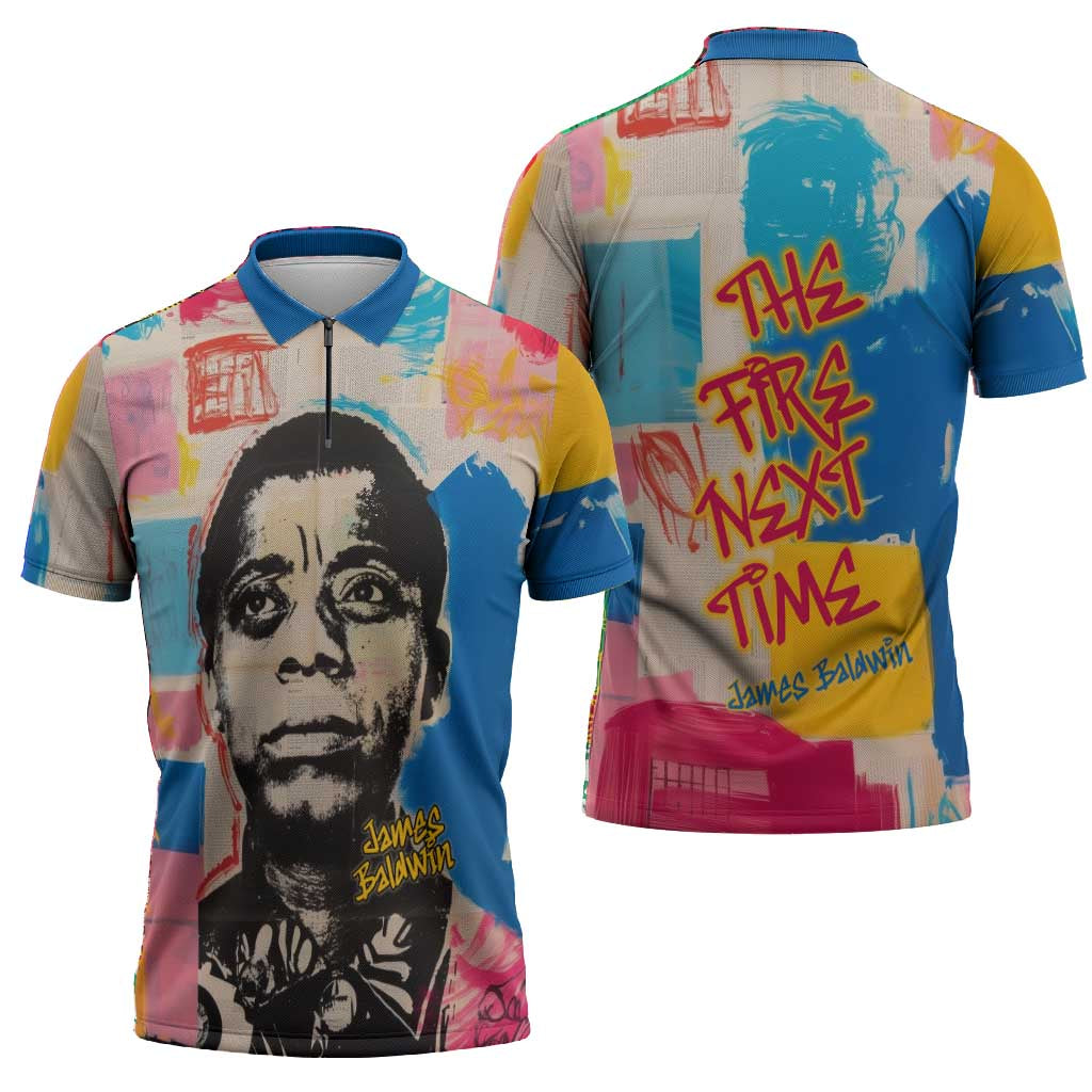 James Baldwin Zipper Polo Shirt Colorful Graffiti Style Portrait The Fire Next Time Text Bold Civil Rights Tribute - Wonder Print Shop
