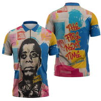James Baldwin Zipper Polo Shirt Colorful Graffiti Style Portrait The Fire Next Time Text Bold Civil Rights Tribute - Wonder Print Shop