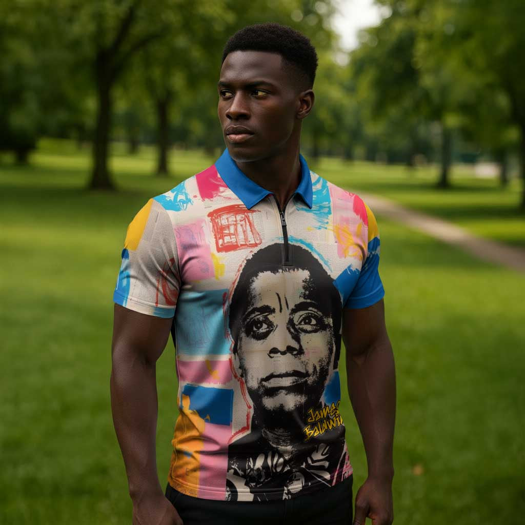 James Baldwin Zipper Polo Shirt Colorful Graffiti Style Portrait The Fire Next Time Text Bold Civil Rights Tribute - Wonder Print Shop