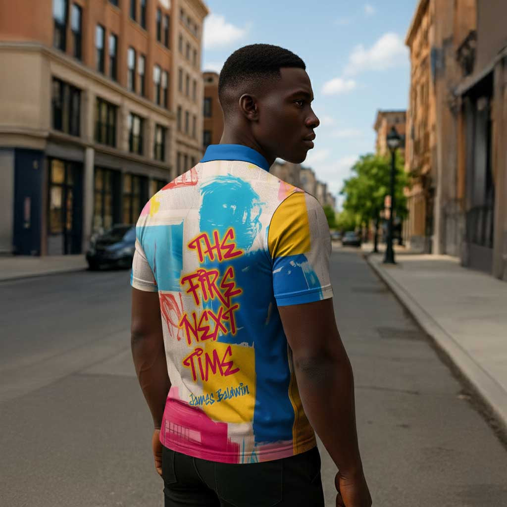 James Baldwin Zipper Polo Shirt Colorful Graffiti Style Portrait The Fire Next Time Text Bold Civil Rights Tribute - Wonder Print Shop