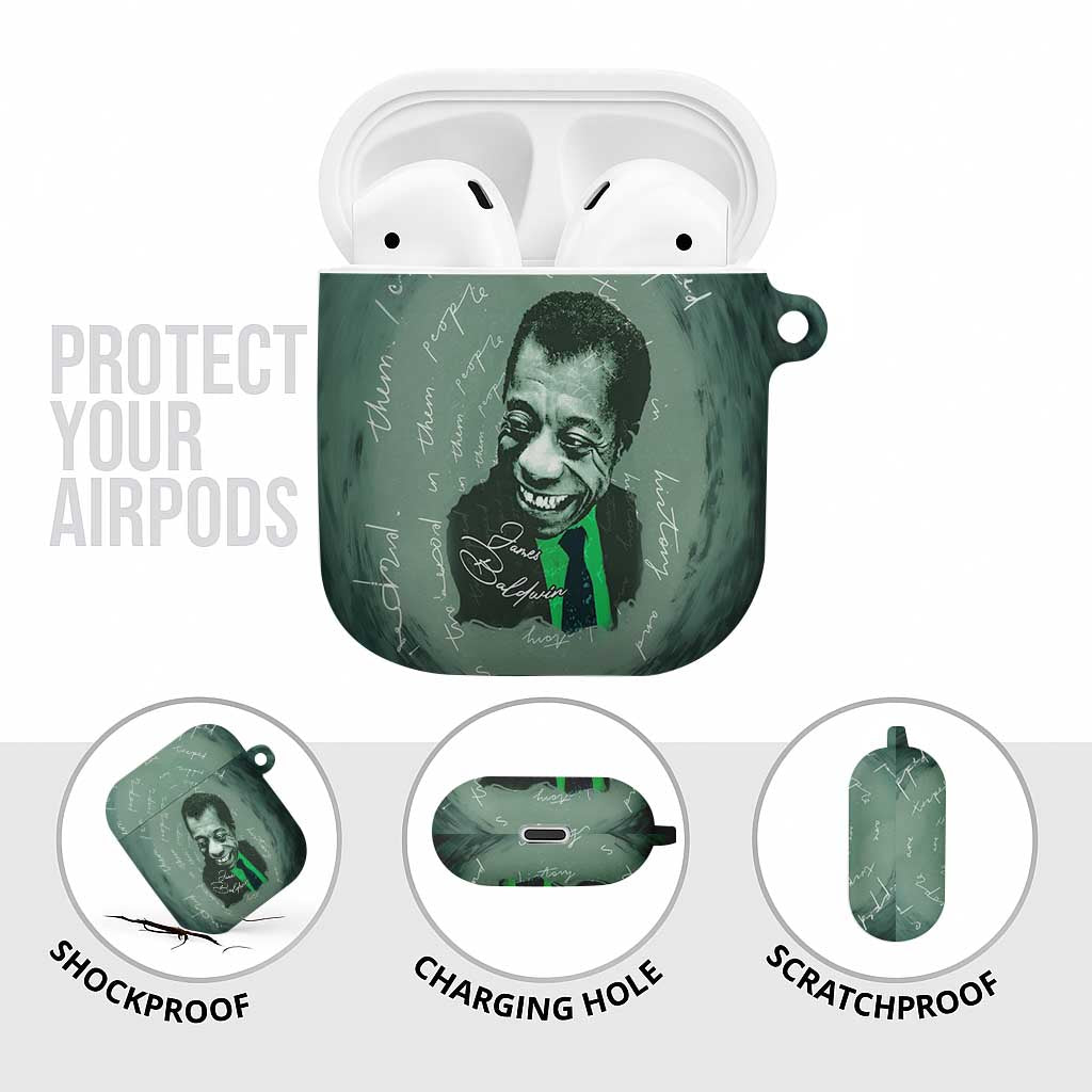 James Baldwin AirPods Case Green Handwritten Script Design Smiling Portrait Civil Rights and Literature - Wonder Print Shop