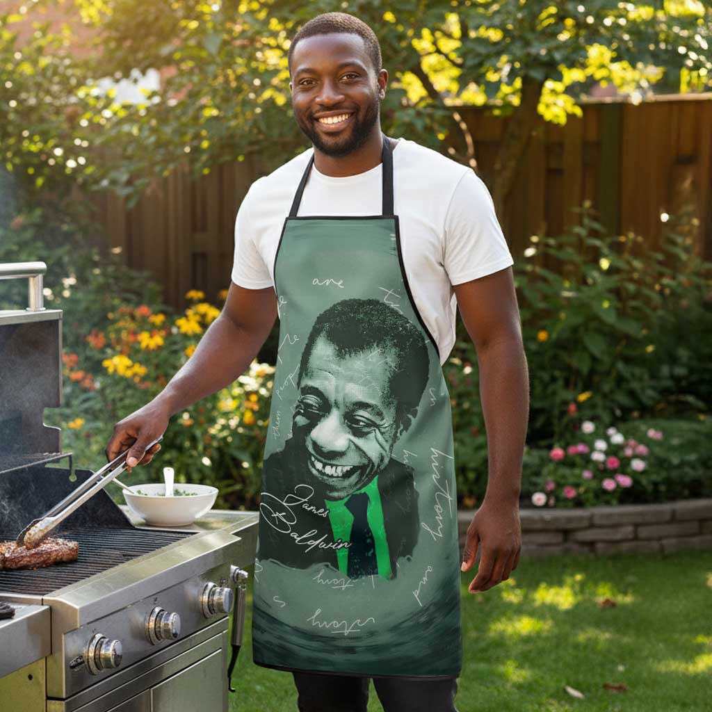 James Baldwin Apron Green Handwritten Script Design Smiling Portrait Civil Rights and Literature - Wonder Print Shop
