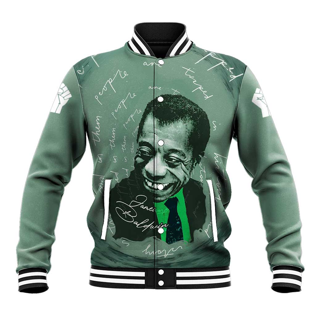 James Baldwin Baseball Jacket Green Handwritten Script Design Smiling Portrait Civil Rights and Literature - Wonder Print Shop