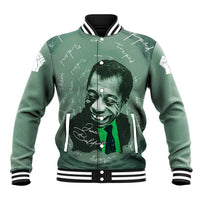 James Baldwin Baseball Jacket Green Handwritten Script Design Smiling Portrait Civil Rights and Literature - Wonder Print Shop