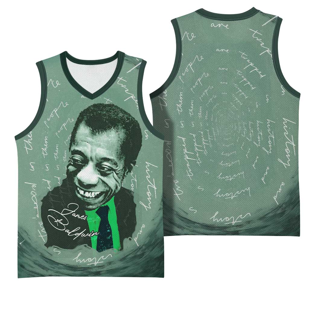 James Baldwin Basketball Jersey Green Handwritten Script Design Smiling Portrait Civil Rights and Literature - Wonder Print Shop