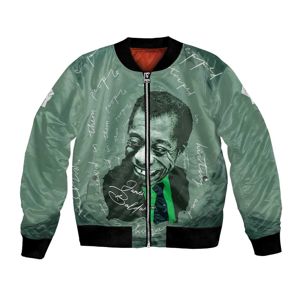 James Baldwin Bomber Jacket Green Handwritten Script Design Smiling Portrait Civil Rights and Literature - Wonder Print Shop