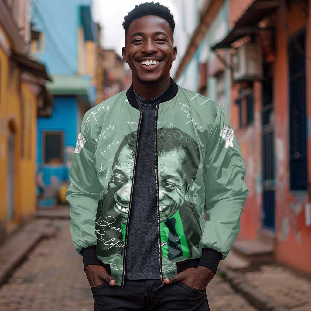 James Baldwin Bomber Jacket Green Handwritten Script Design Smiling Portrait Civil Rights and Literature - Wonder Print Shop
