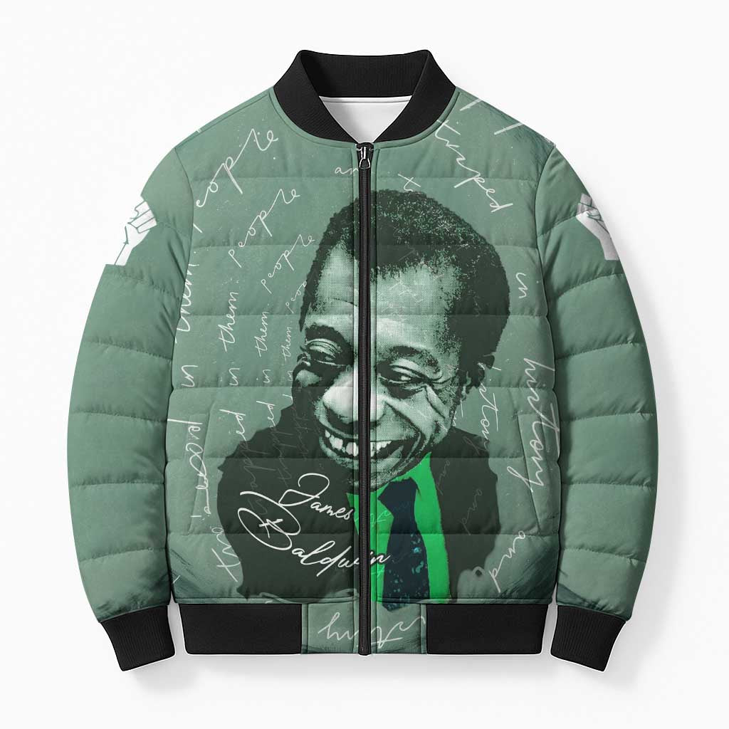 James Baldwin Bomber Puffer Jacket Green Handwritten Script Design Smiling Portrait Civil Rights and Literature - Wonder Print Shop