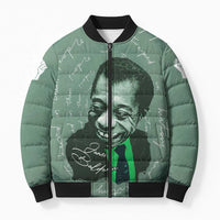 James Baldwin Bomber Puffer Jacket Green Handwritten Script Design Smiling Portrait Civil Rights and Literature - Wonder Print Shop