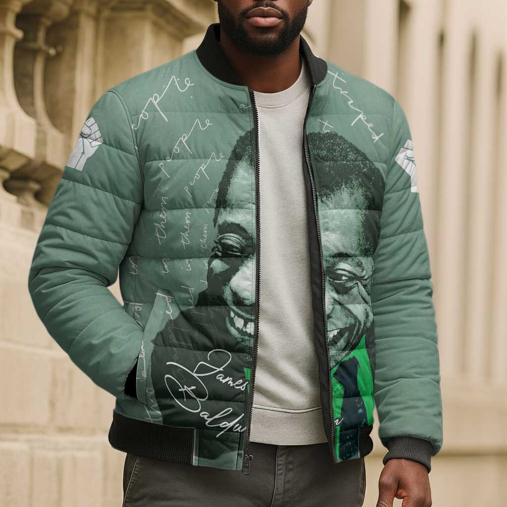 James Baldwin Bomber Puffer Jacket Green Handwritten Script Design Smiling Portrait Civil Rights and Literature - Wonder Print Shop